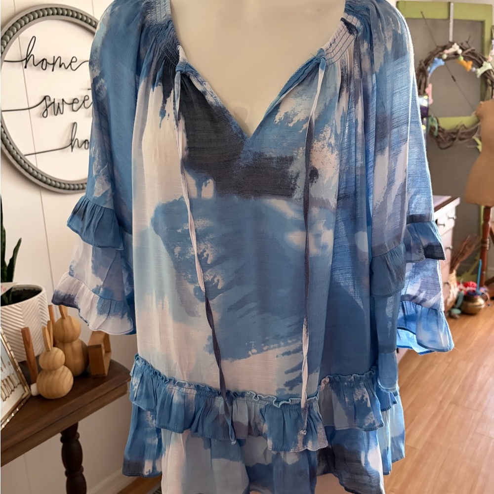 Women’s Blue Watercolor Peasant Top